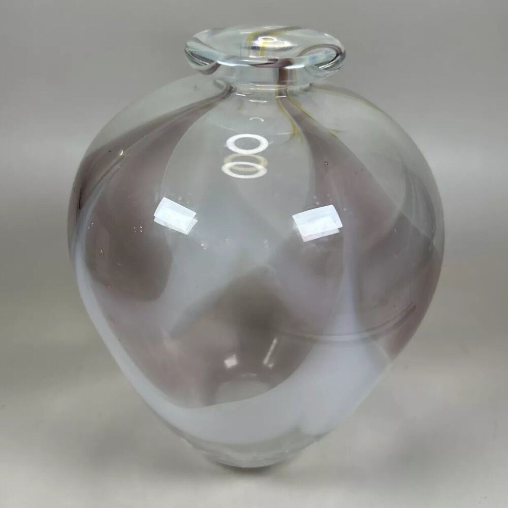 Vintage David R. Boutin Pulled Feather Glass Vase Mauve White Rainbow Glassworks
